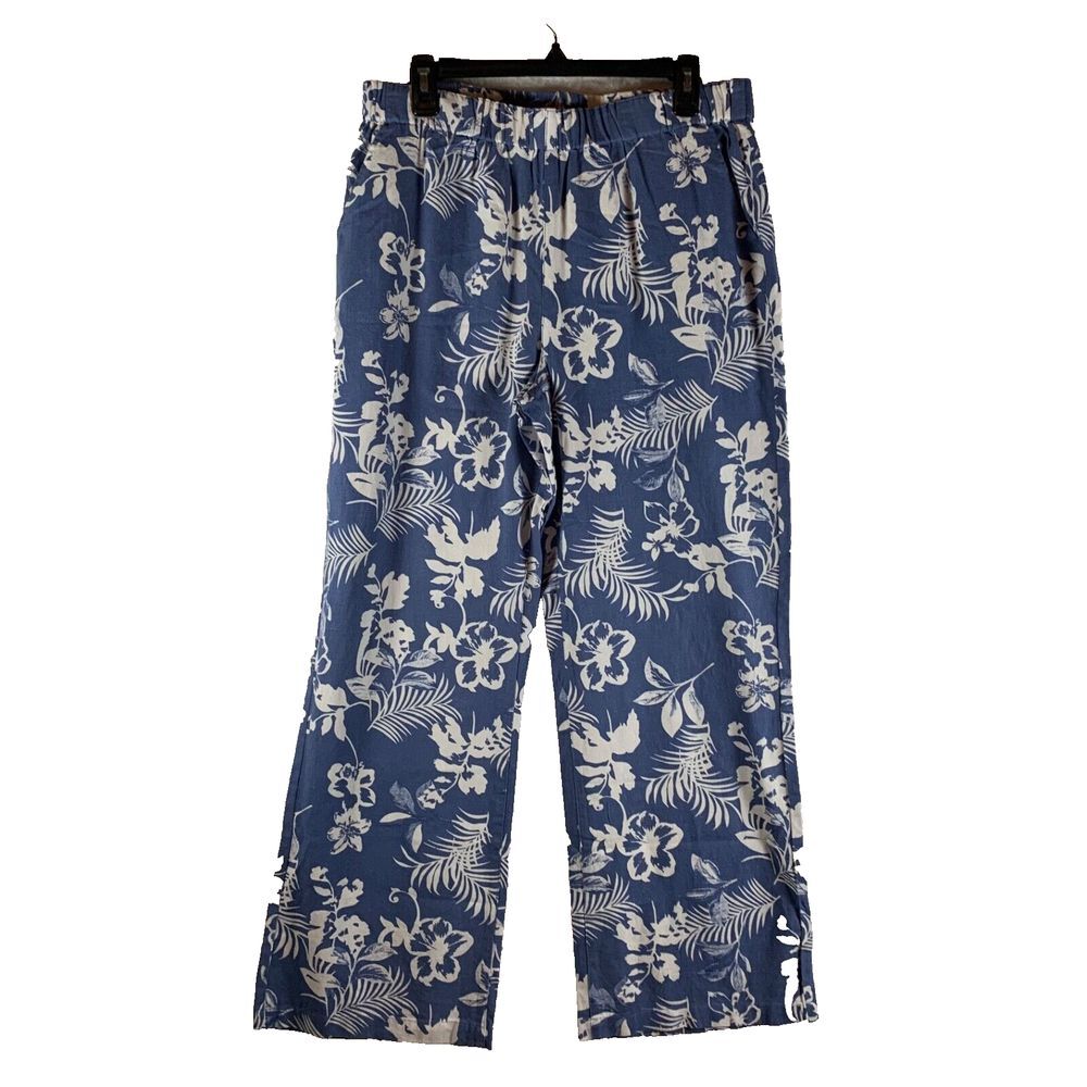 Chadwicks Women's Blue Floral Print Elastic Waist Wide Leg Pull On Pants Linen M